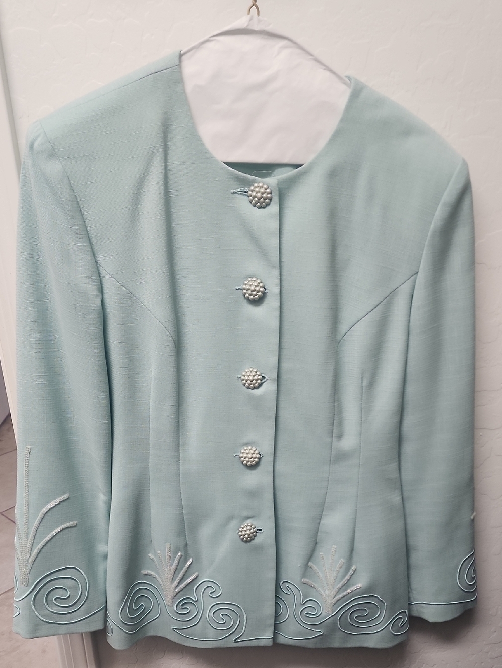 Women's Light Aqua Embroidered Pearl-Button Blazer